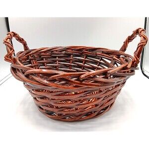Wicker Gathering Basket Brown Thick Woven Side Handle Round Decor Bread Fruit 9"